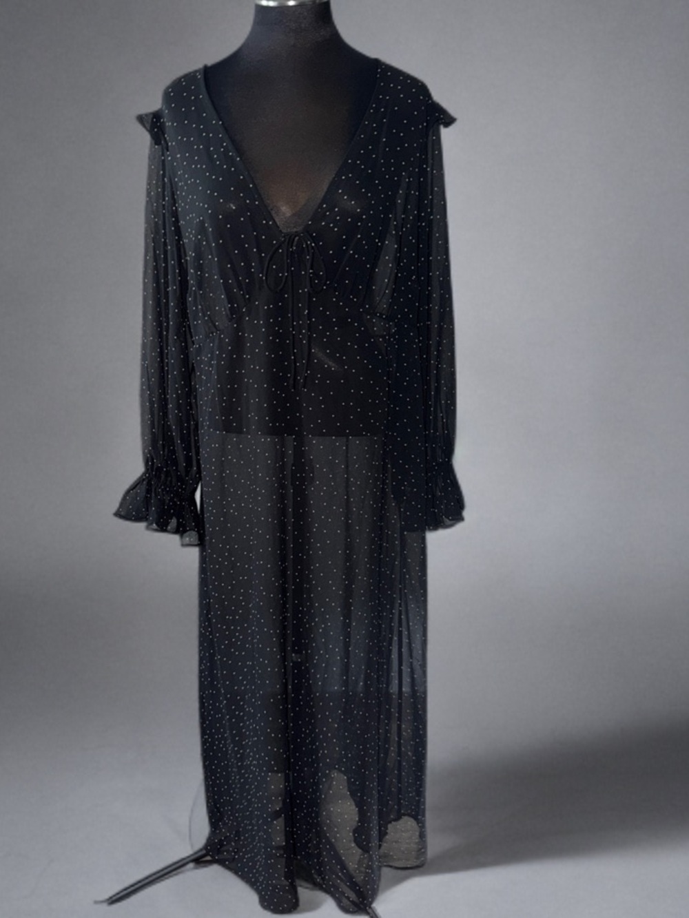 Black White Polka Dot Sheer Maxi Dress XXL Long Sleeve Tie Front Details